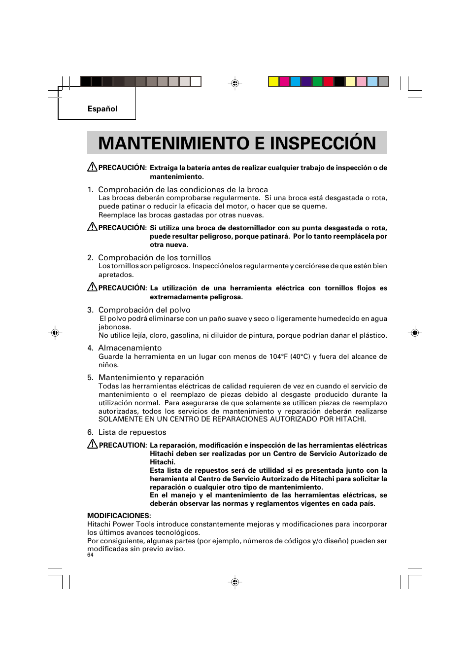 Mantenimiento e inspección | Hitachi VARIABLE SPEED DV 14DV User Manual | Page 64 / 68