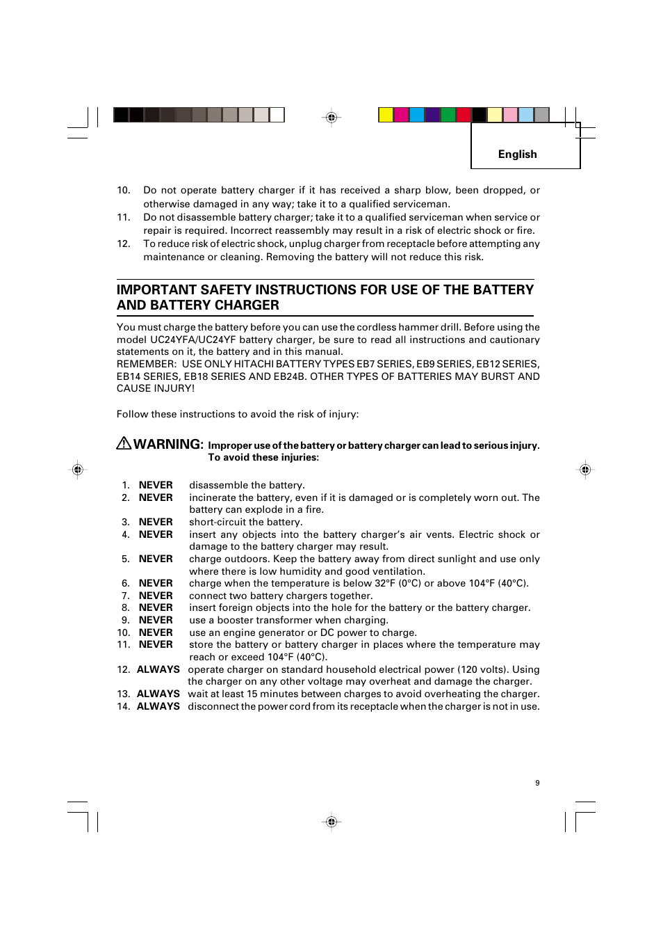 Warning | Hitachi VARIABLE SPEED DV 14DV User Manual | Page 9 / 68
