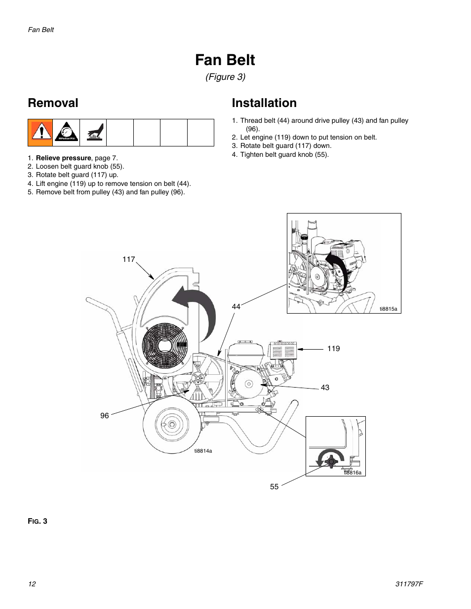 Fan belt, Removal, Installation | Hitachi GH 300 User Manual | Page 12 / 34