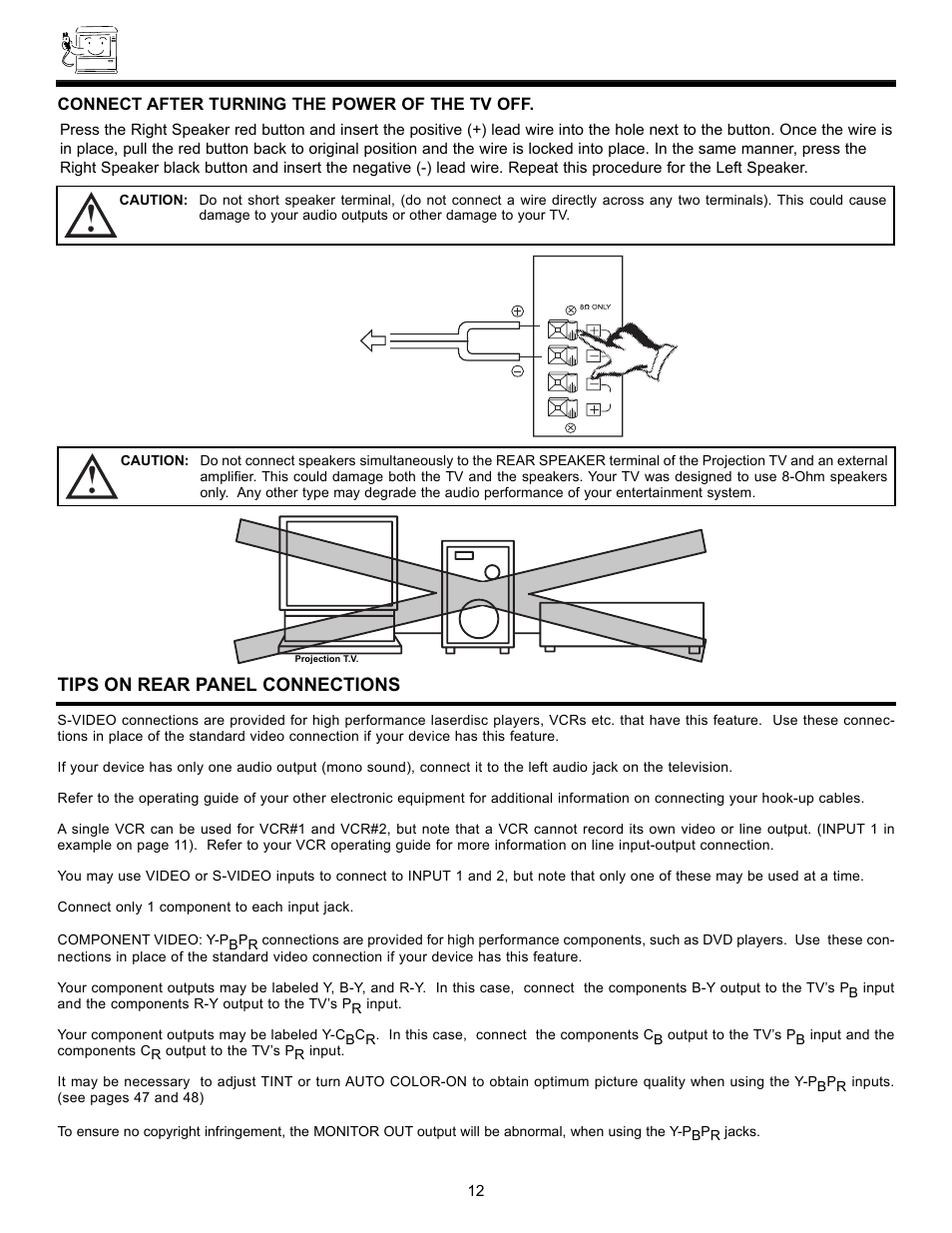 Rear speaker terminal connections, Tips on rear panel connections, Connect after turning the power of the tv off | Hitachi DX Series 50DX10B User Manual | Page 12 / 60