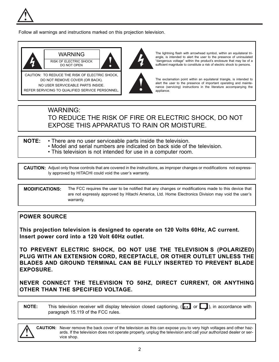 Important safety instructions | Hitachi DX Series 50DX10B User Manual | Page 2 / 60