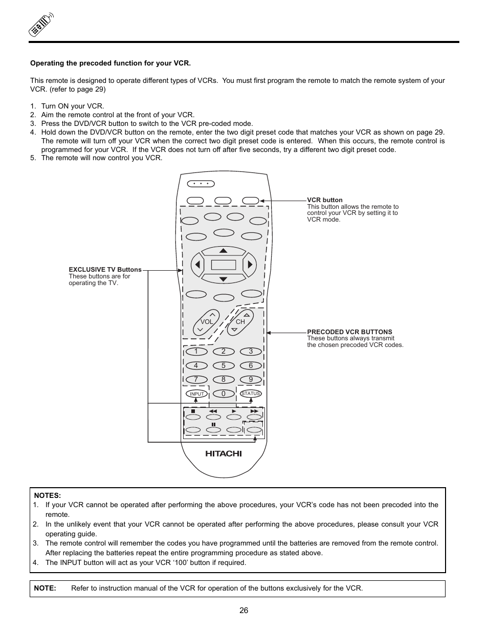 Using the remote to control vcr functions | Hitachi DX Series 50DX10B User Manual | Page 26 / 60