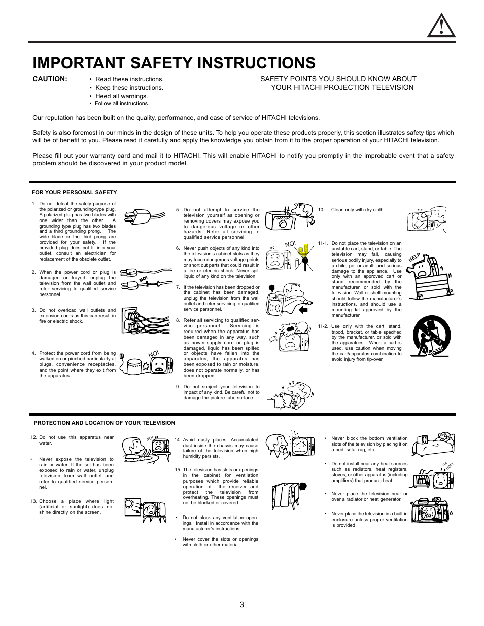 Important safety instructions, Caution, Safety points you should know about | Your hitachi projection television | Hitachi DX Series 50DX10B User Manual | Page 3 / 60