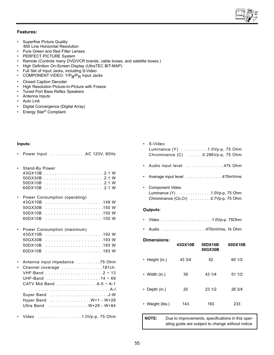 Specification | Hitachi DX Series 50DX10B User Manual | Page 55 / 60