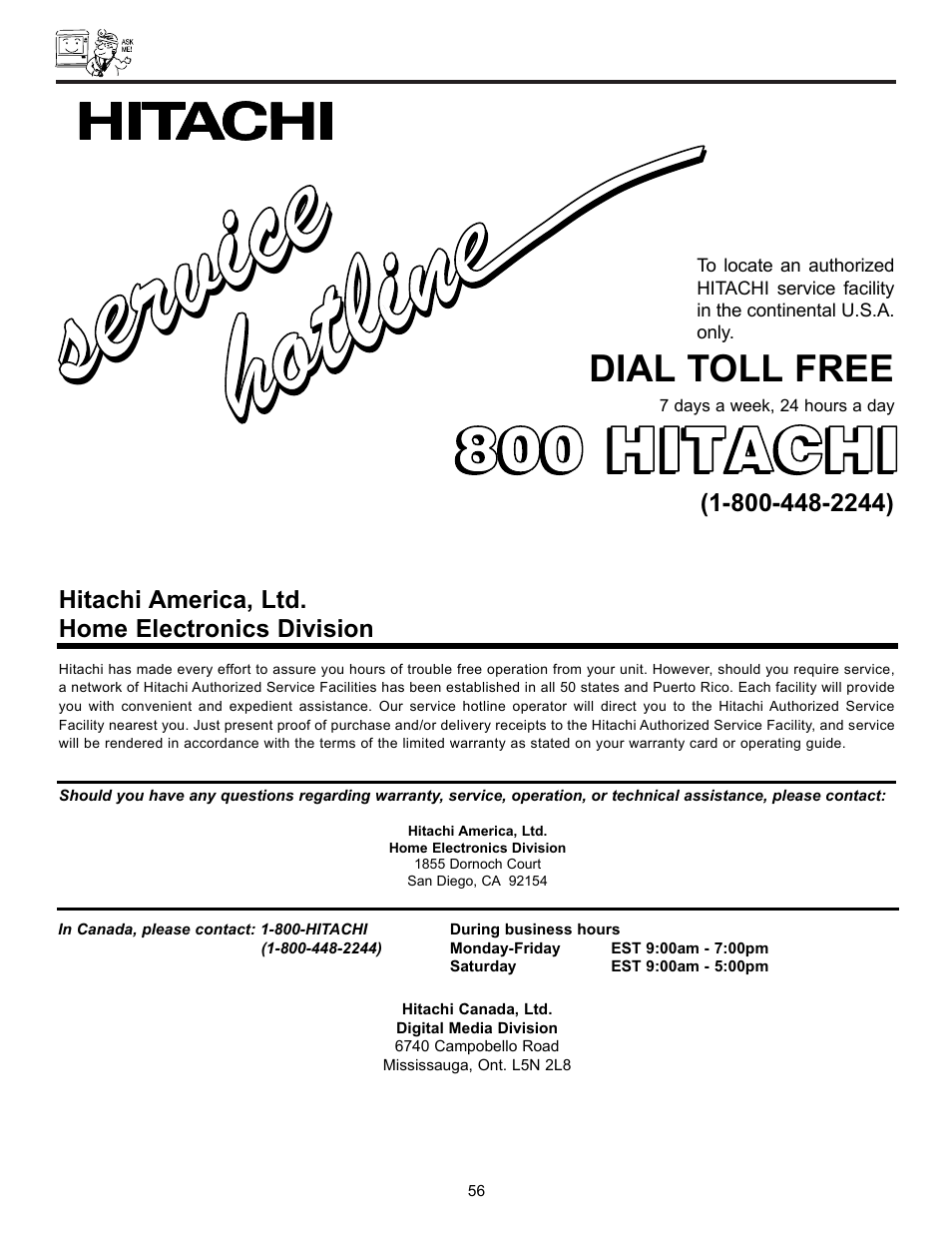 Service ser vic e, 800 hitachi | Hitachi DX Series 50DX10B User Manual | Page 56 / 60