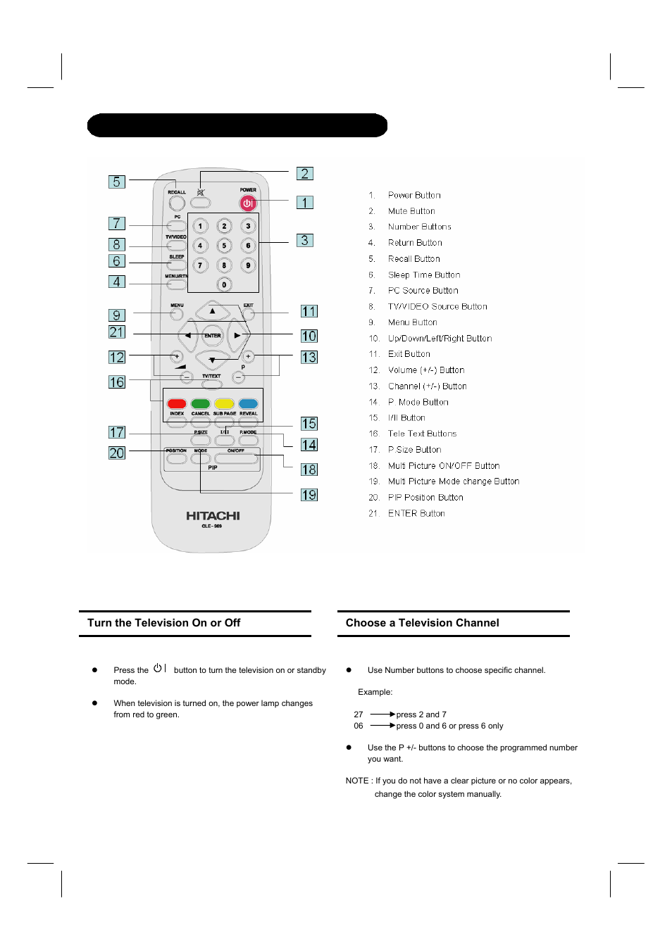 Remote control buttons and functions | Hitachi 26LD8000TA User Manual | Page 20 / 40