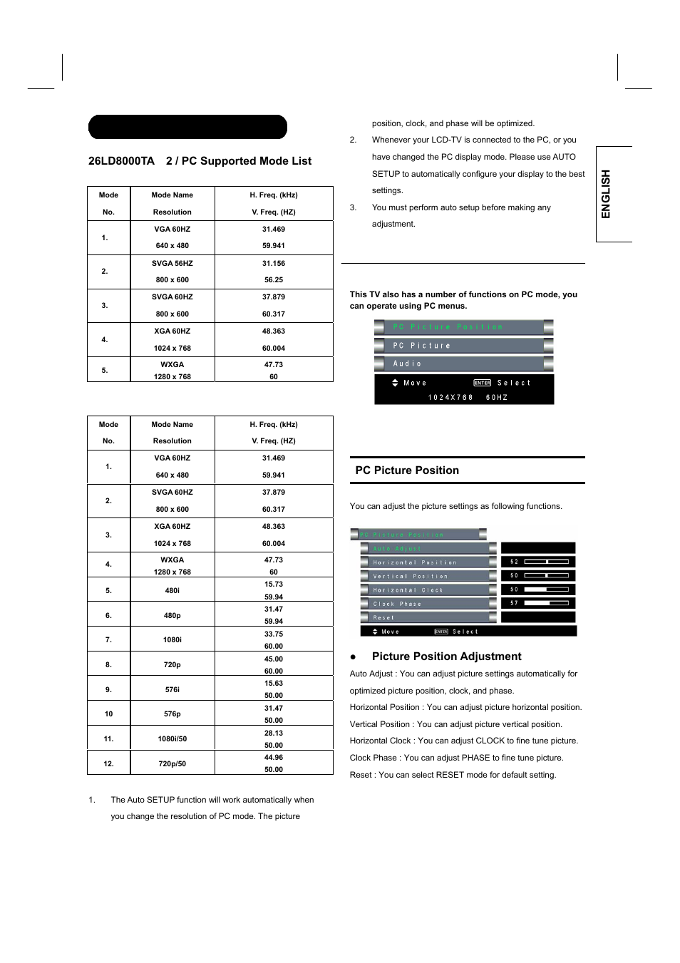 Osd (on-screen display), English, Pc picture position | Picture position adjustment | Hitachi 26LD8000TA User Manual | Page 33 / 40