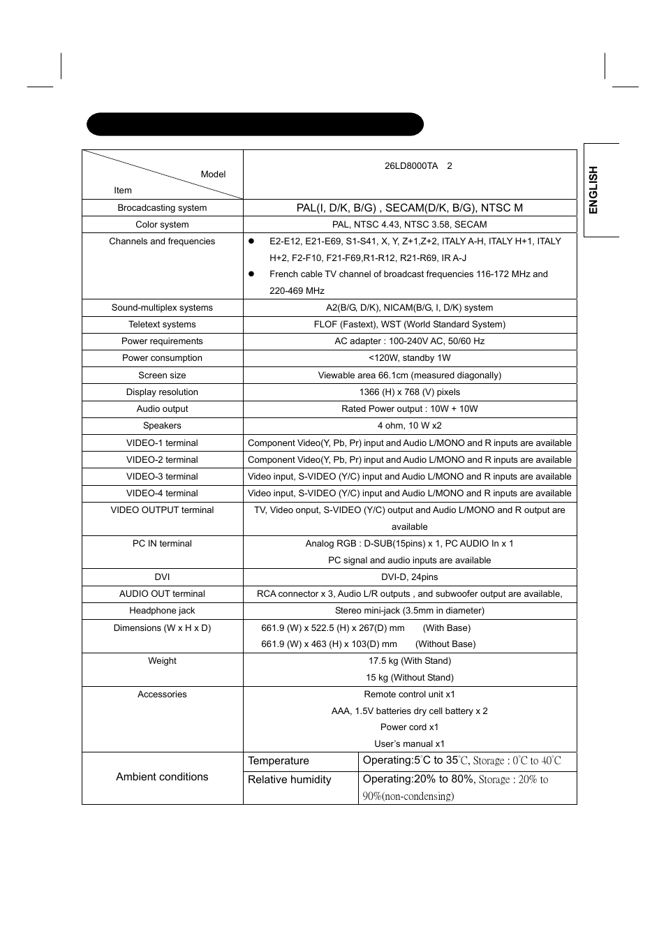 Product specifications | Hitachi 26LD8000TA User Manual | Page 37 / 40