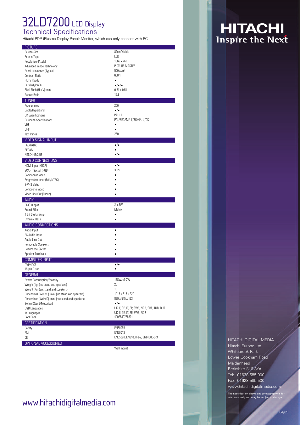 Lcd display, Technical specifications | Hitachi 32LD7200 User Manual | Page 4 / 4