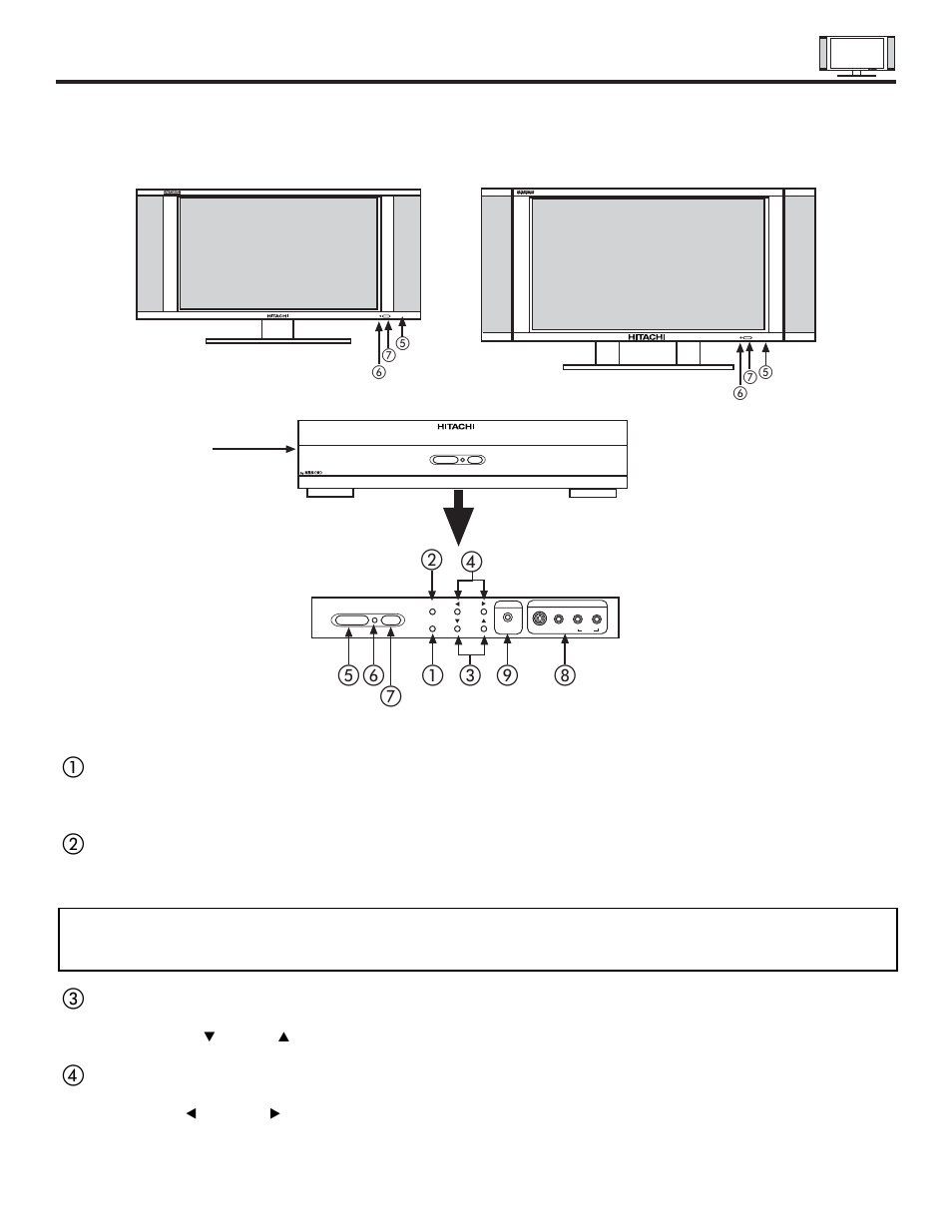 Front panel controls, Front view | Hitachi 32HDT20 User Manual | Page 9 / 83