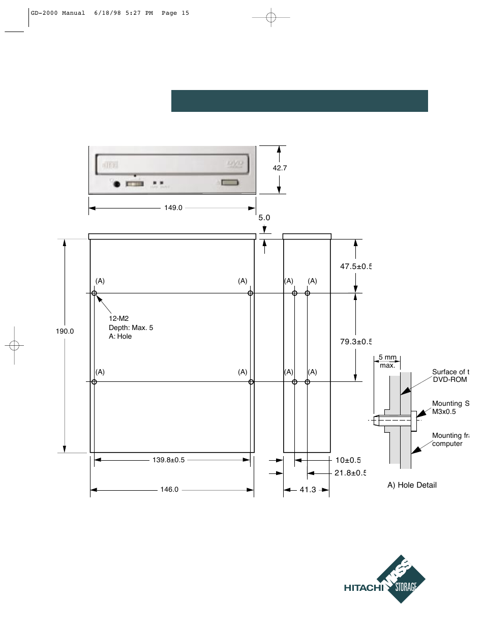 Mechanical dimensions | Hitachi GD-2000 User Manual | Page 15 / 15
