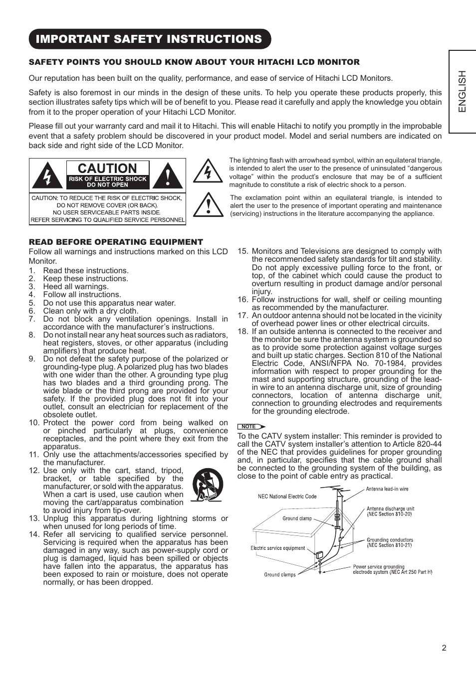 Important safety instructions | Hitachi UT42V702 User Manual | Page 3 / 56