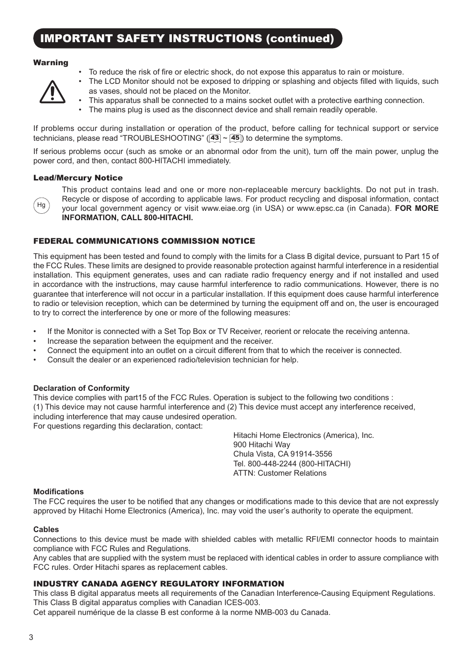 Important safety instructions (continued) | Hitachi UT42V702 User Manual | Page 4 / 56