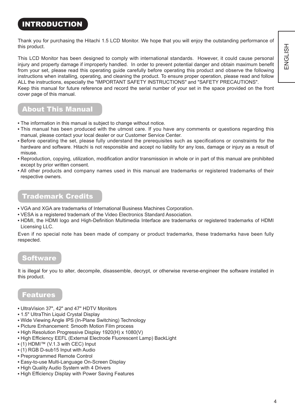 Introduction, About this manual, Trademark credits | Software, Features | Hitachi UT42V702 User Manual | Page 5 / 56