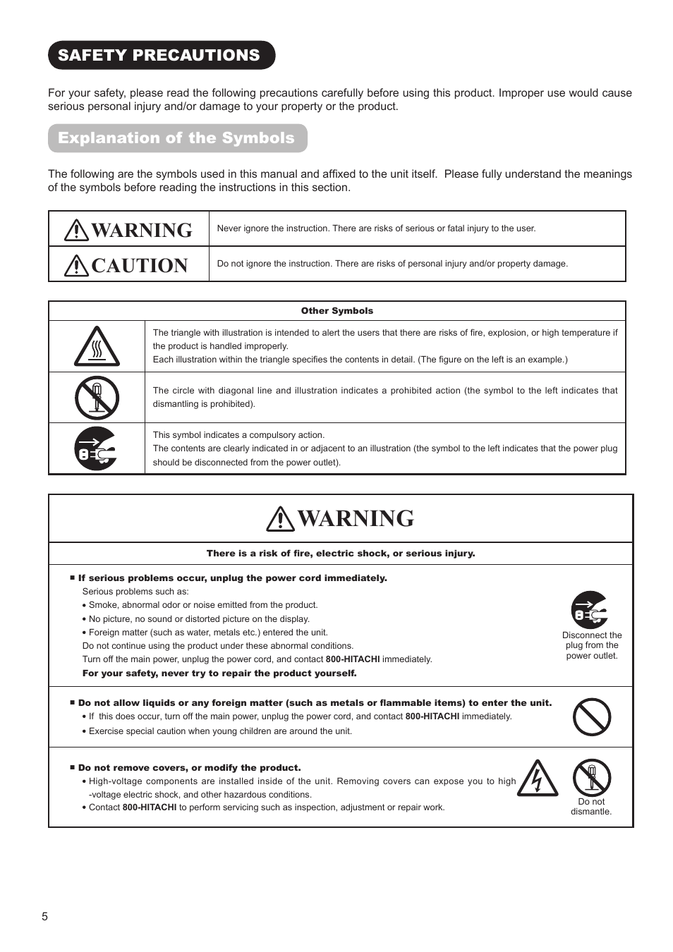 Warning, Caution, Safety precautions | Explanation of the symbols | Hitachi UT42V702 User Manual | Page 6 / 56