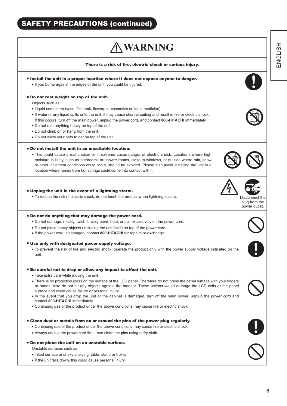 Warning, Safety precautions (continued), English | Hitachi UT42V702 User Manual | Page 7 / 56