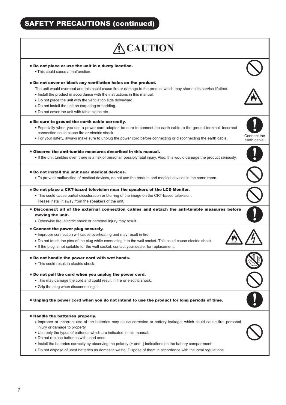 Caution, Safety precautions (continued) | Hitachi UT42V702 User Manual | Page 8 / 56