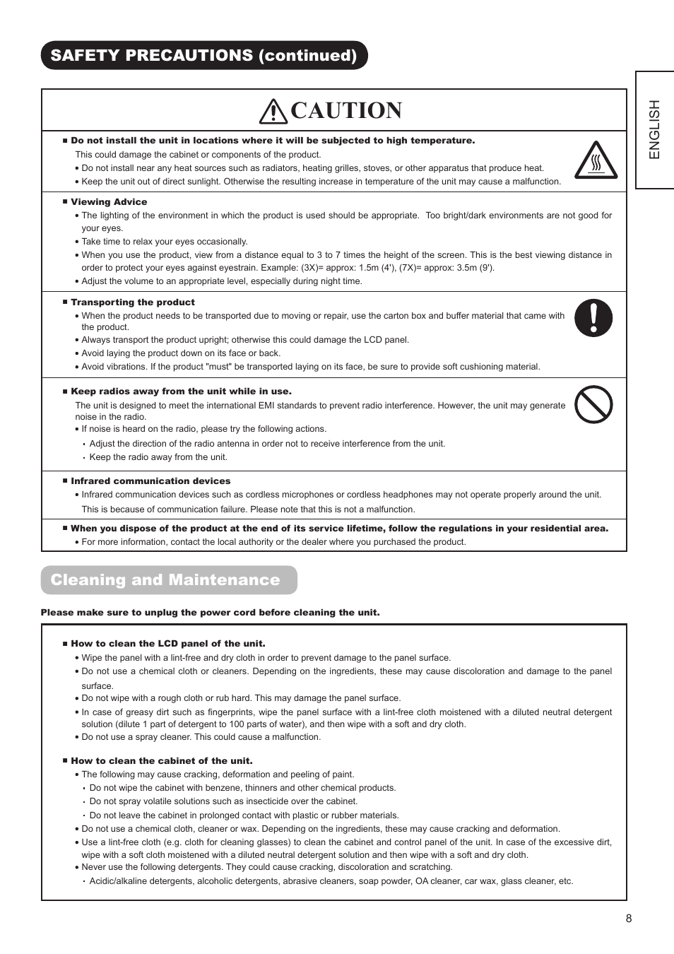 Caution, Safety precautions (continued), Cleaning and maintenance | English | Hitachi UT42V702 User Manual | Page 9 / 56