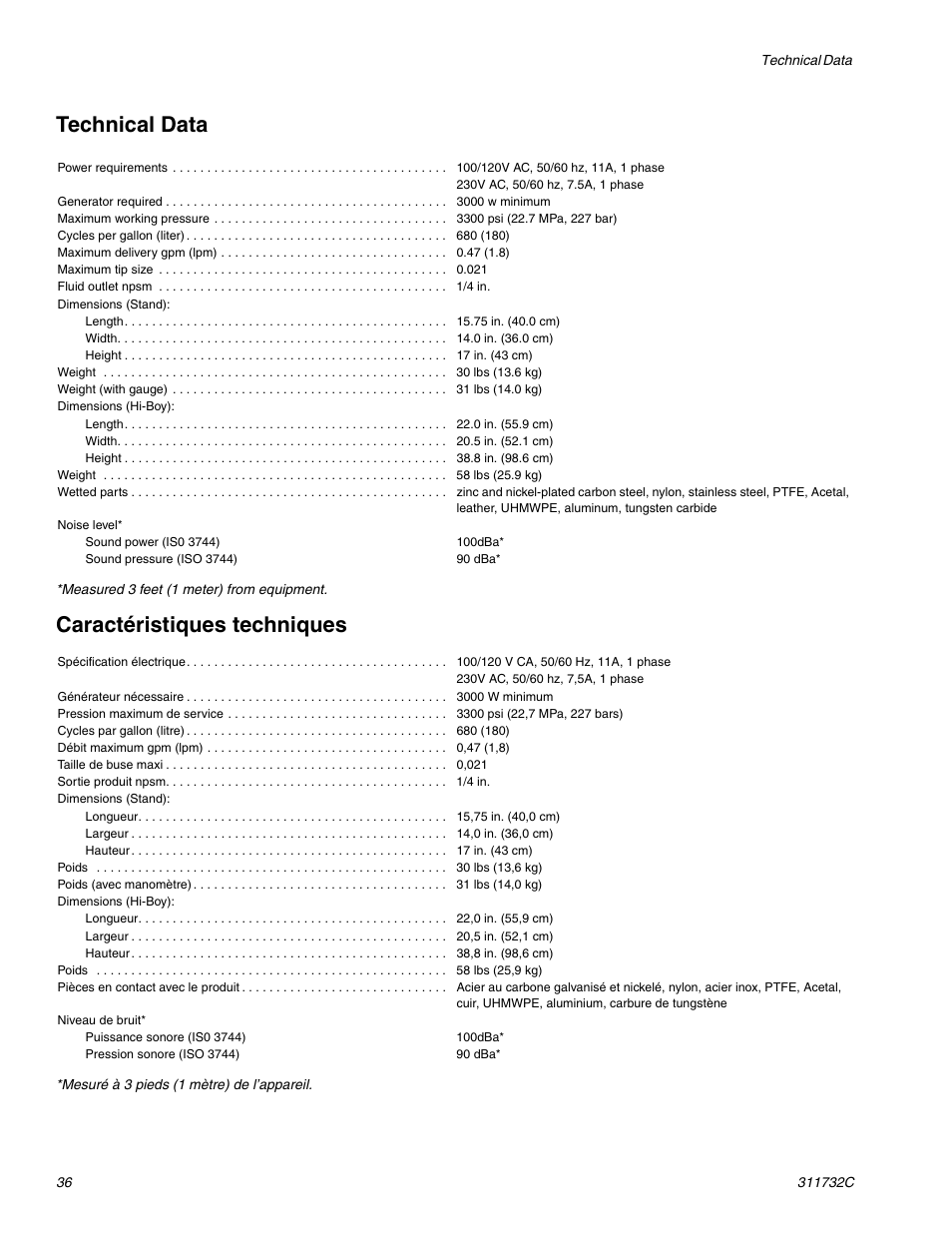 Technical data, Caractéristiques techniques | Hitachi 390 User Manual | Page 36 / 40