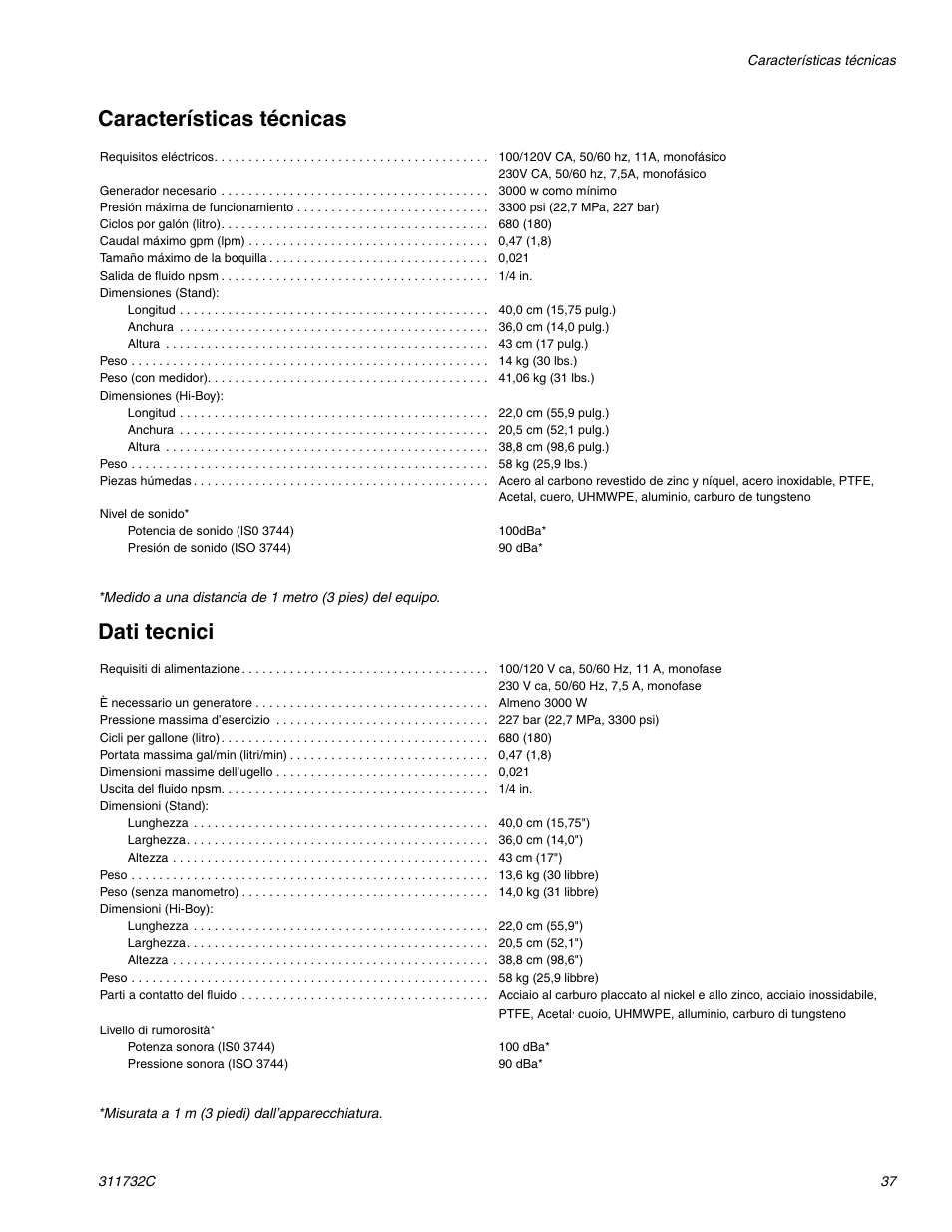 Características técnicas, Dati tecnici | Hitachi 390 User Manual | Page 37 / 40