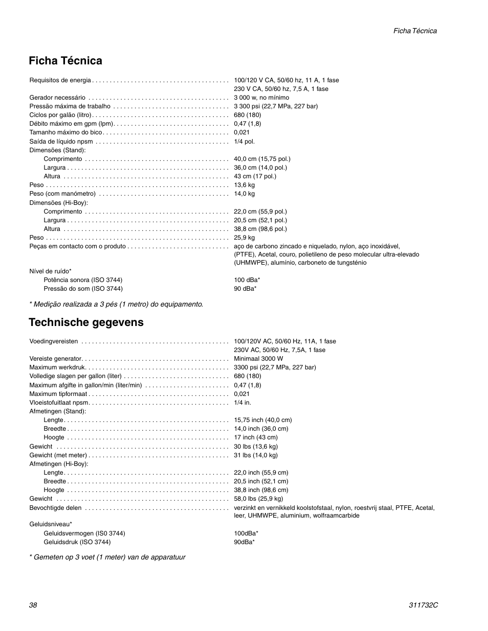 Ficha técnica, Technische gegevens | Hitachi 390 User Manual | Page 38 / 40