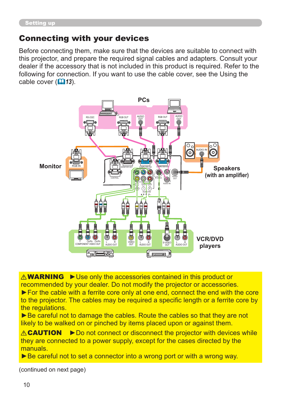 Connecting with your devices, Continued on next page), Setting up | Hitachi CP-A52 User Manual | Page 10 / 71