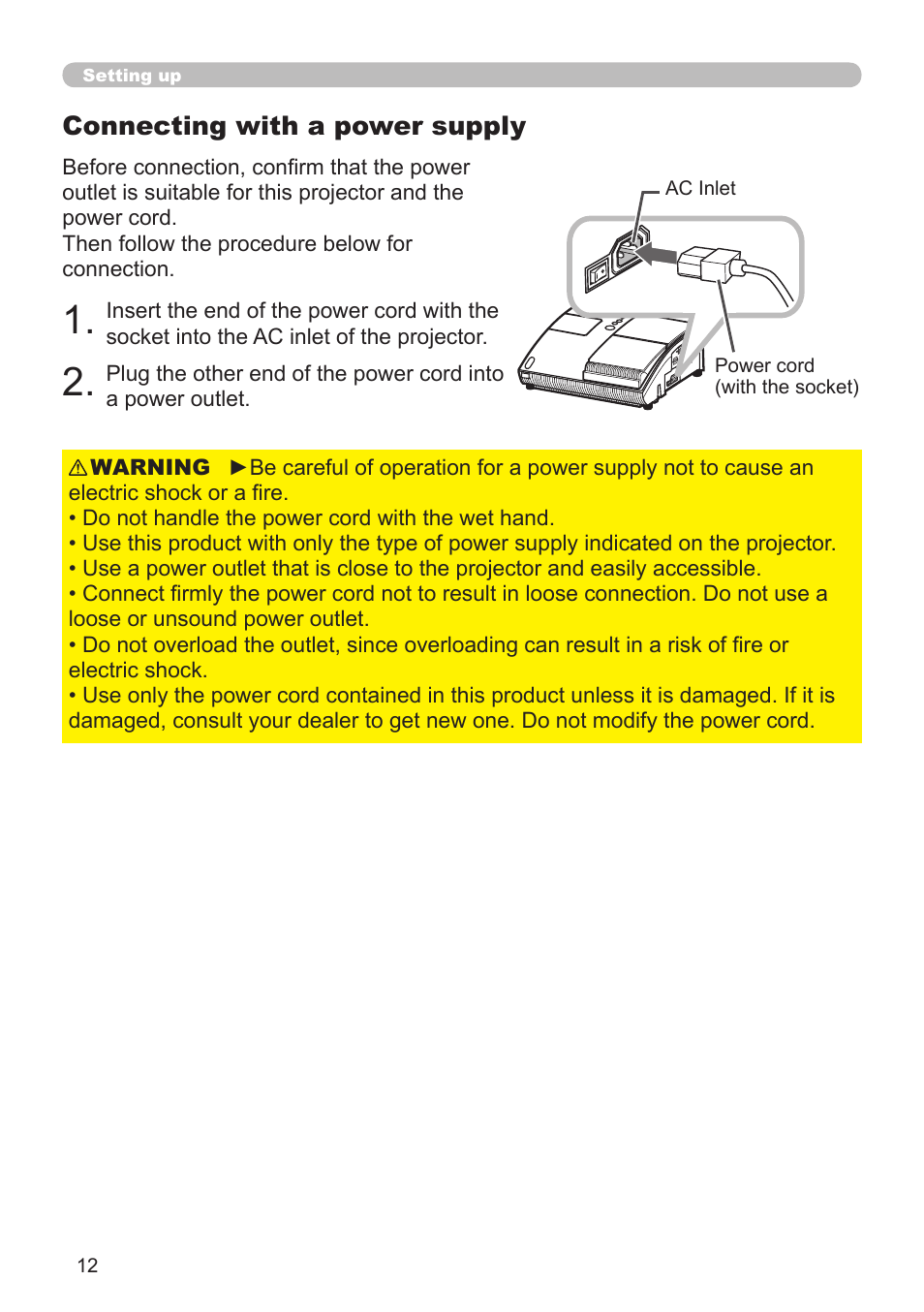 Connecting with a power supply | Hitachi CP-A52 User Manual | Page 12 / 71