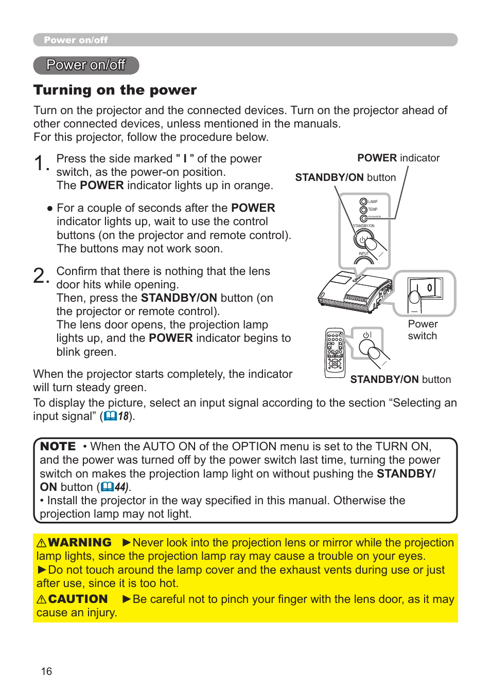 Power on/off, Turning on the power | Hitachi CP-A52 User Manual | Page 16 / 71