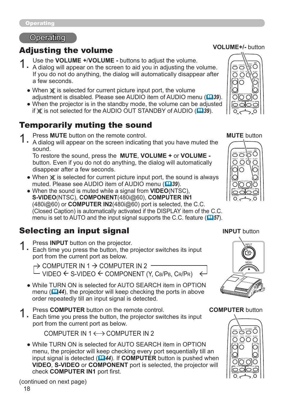 Selecting an input signal, Adjusting the volume, Temporarily muting the sound | Computer in 1 computer in 2, Operating | Hitachi CP-A52 User Manual | Page 18 / 71