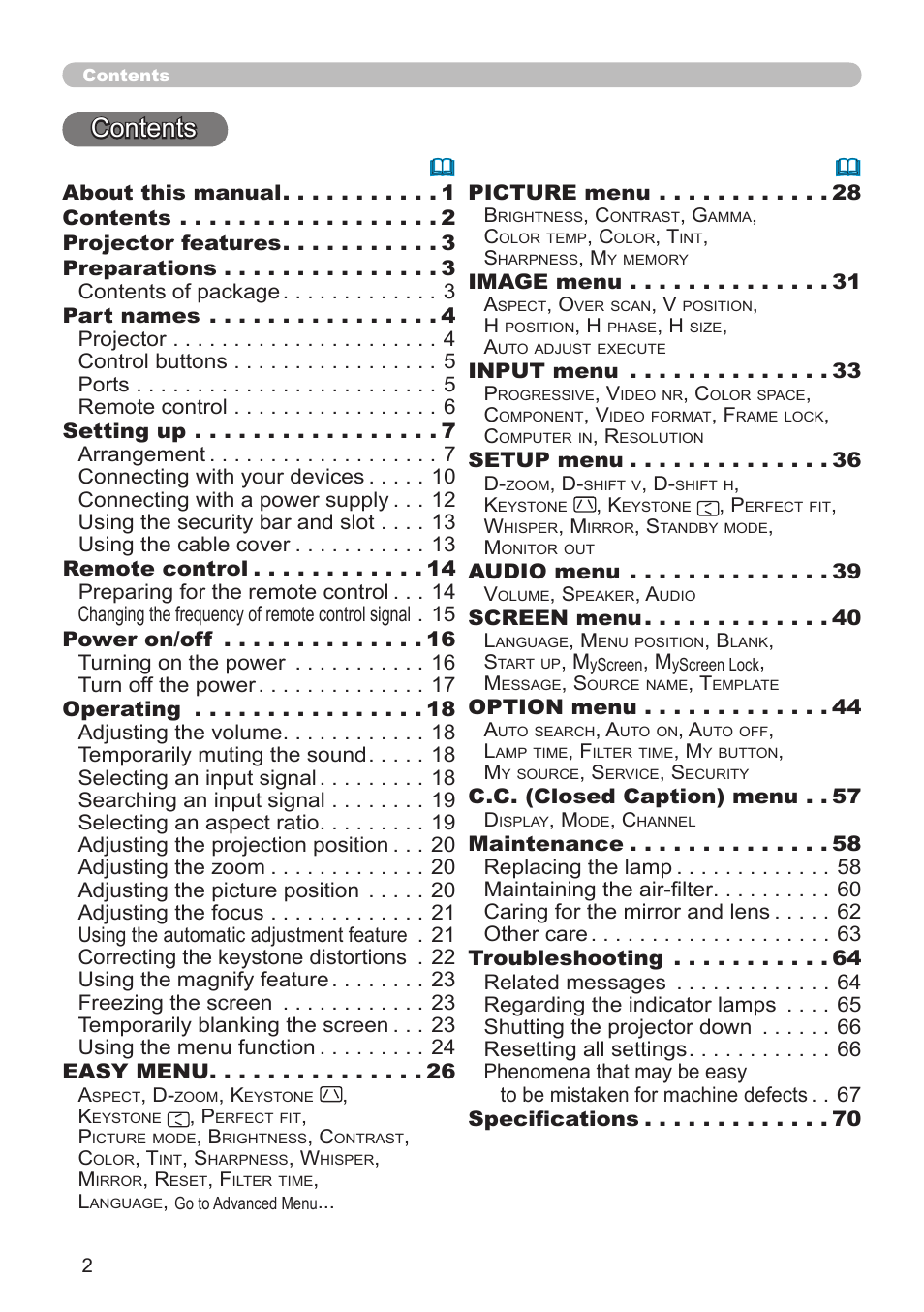 Hitachi CP-A52 User Manual | Page 2 / 71