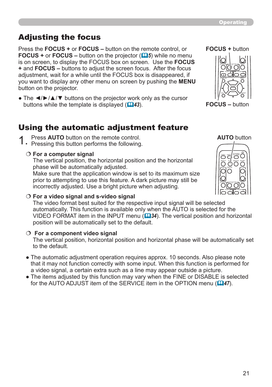 Using the automatic adjustment feature, Adjusting the focus, Operating | Hitachi CP-A52 User Manual | Page 21 / 71