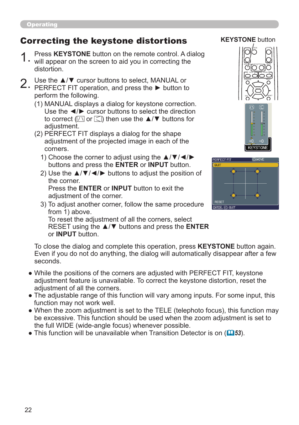 Correcting the keystone distortions, Keystone button | Hitachi CP-A52 User Manual | Page 22 / 71