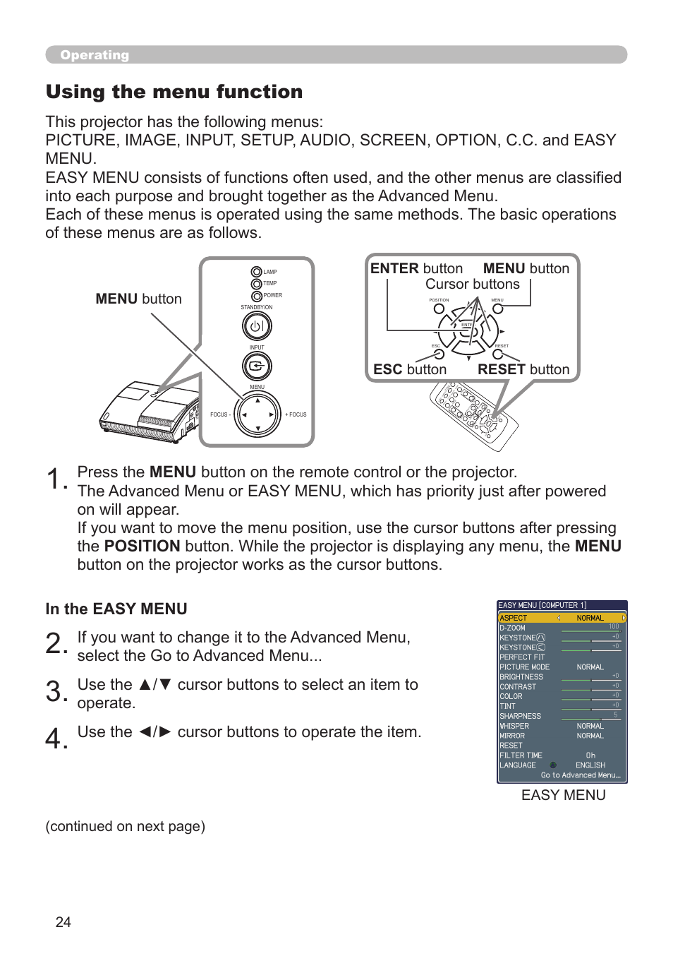 Using the menu function, Use the ◄/► cursor buttons to operate the item, Easy menu | Operating | Hitachi CP-A52 User Manual | Page 24 / 71