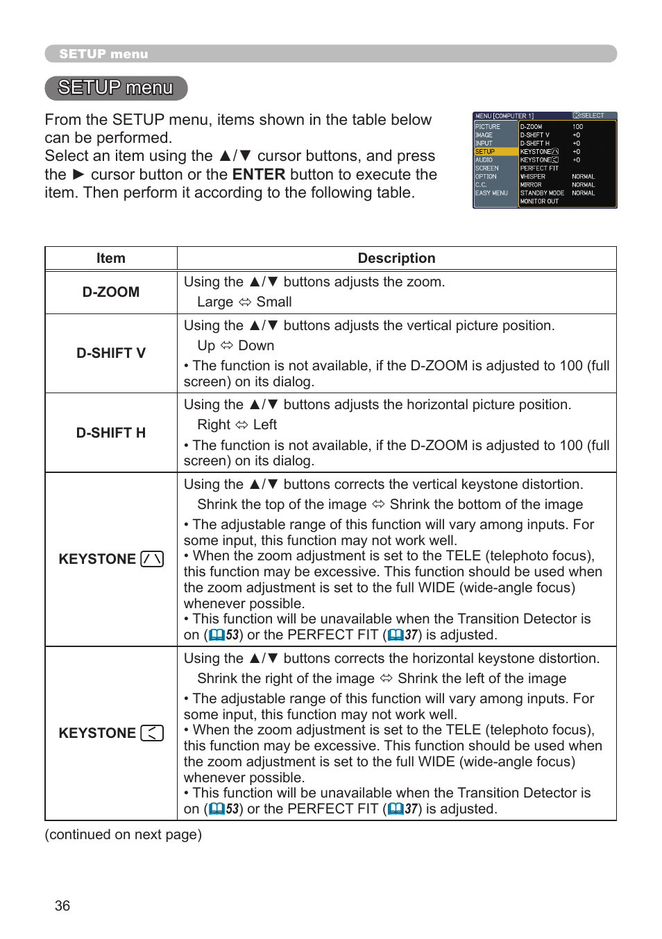 Setup menu | Hitachi CP-A52 User Manual | Page 36 / 71