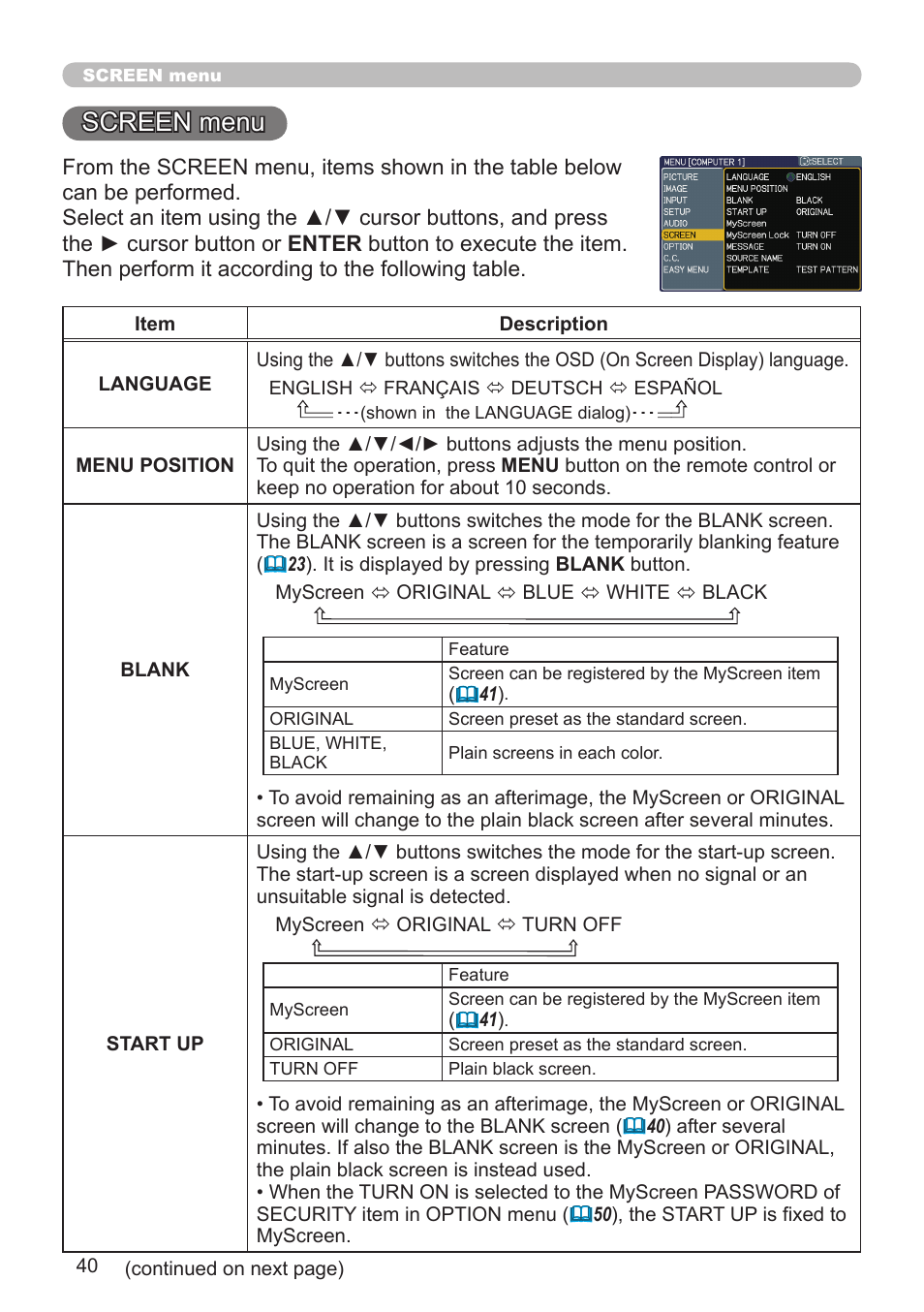 Screen menu | Hitachi CP-A52 User Manual | Page 40 / 71