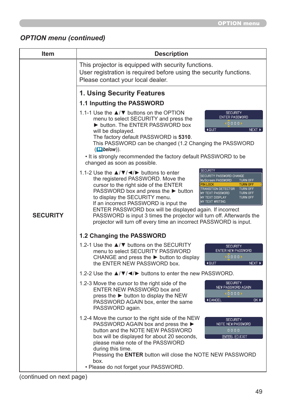 Option menu (continued), Using security features | Hitachi CP-A52 User Manual | Page 49 / 71