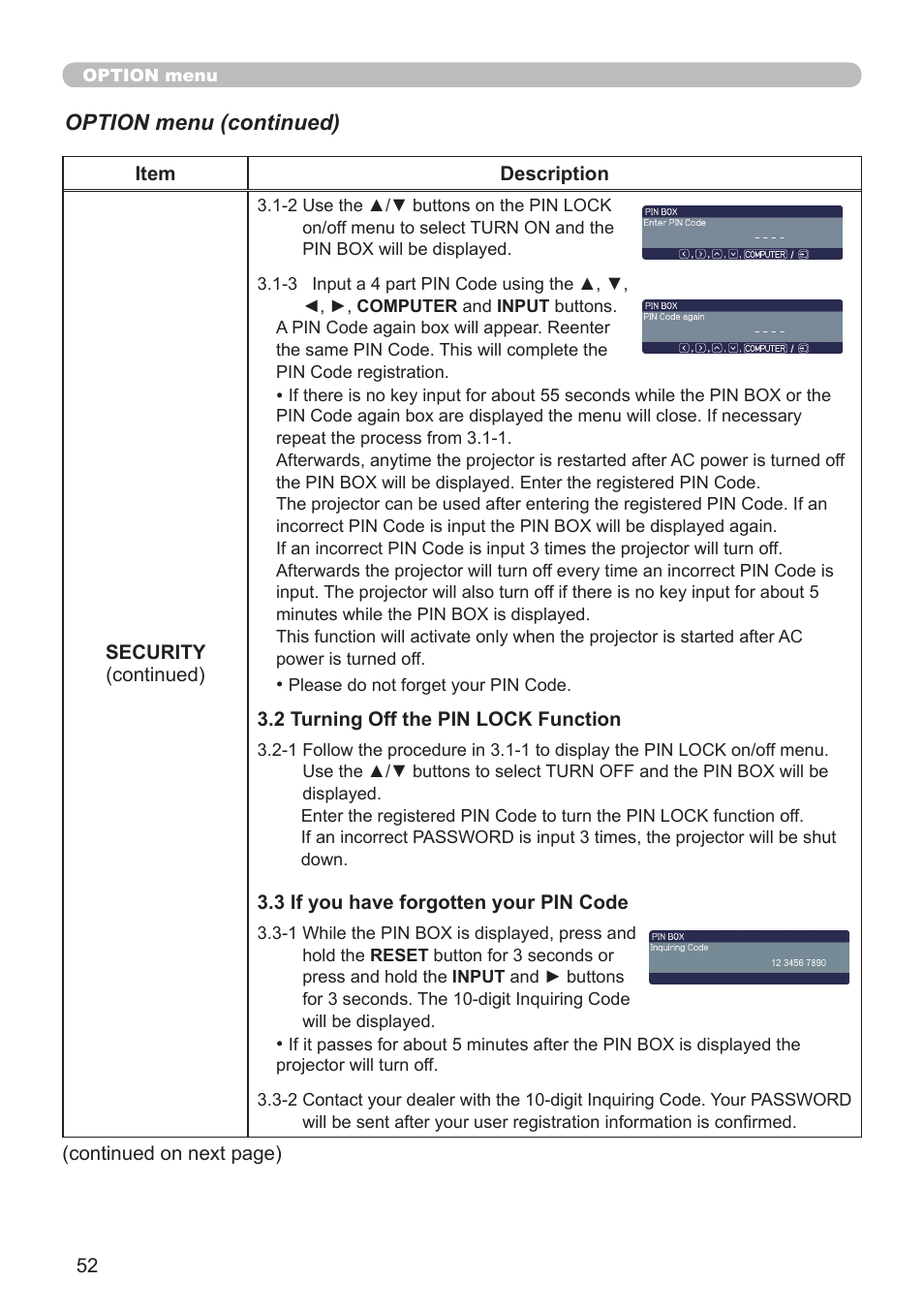 Option menu (continued) | Hitachi CP-A52 User Manual | Page 52 / 71