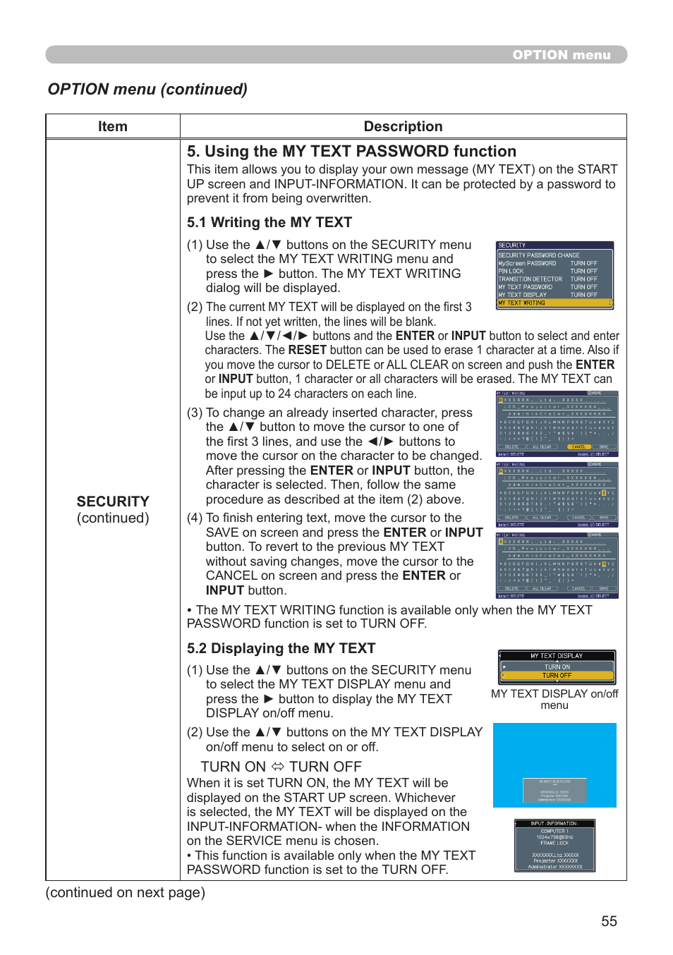 Using the my text password function, Option menu (continued) | Hitachi CP-A52 User Manual | Page 55 / 71