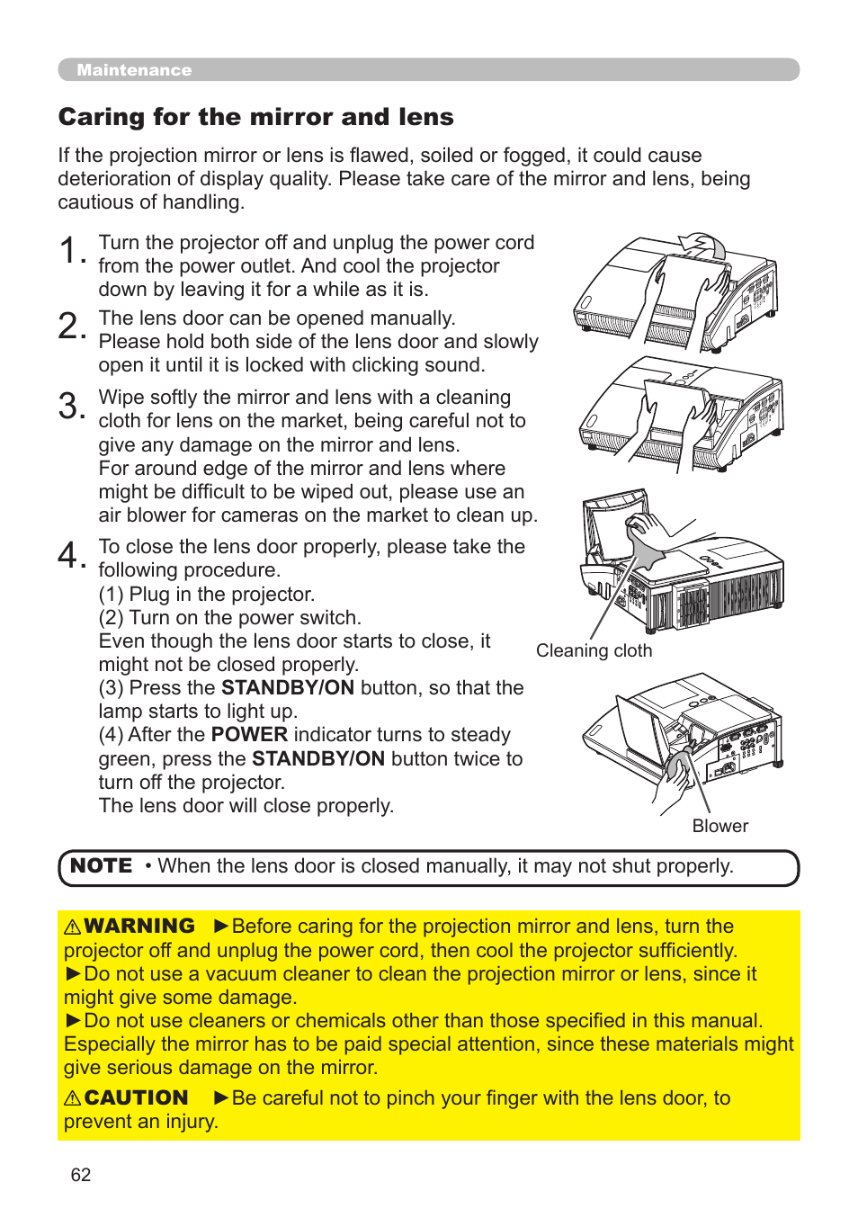 Caring for the mirror and lens | Hitachi CP-A52 User Manual | Page 62 / 71