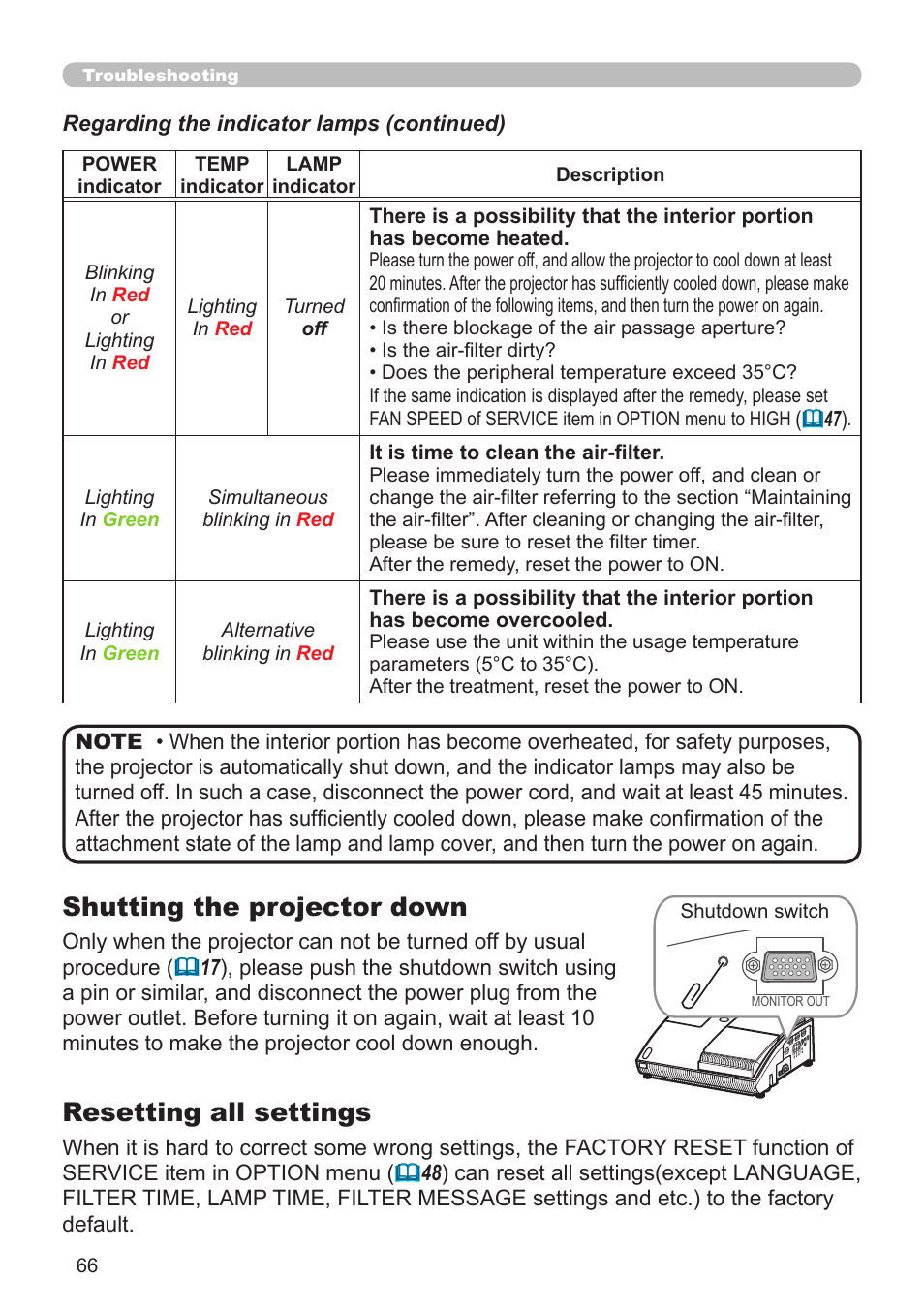 Shutting the projector down, Resetting all settings | Hitachi CP-A52 User Manual | Page 66 / 71