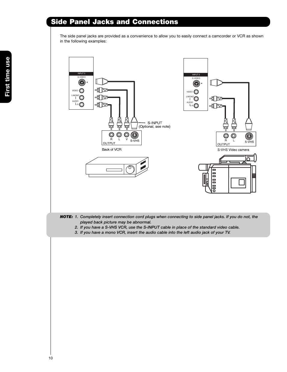 Side panel jacks and connections, First time use | Hitachi 50VF820 User Manual | Page 10 / 72