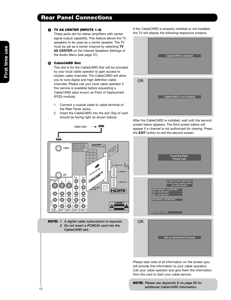 Rear panel connections, First time use, Cablecard | Hitachi 50VF820 User Manual | Page 12 / 72