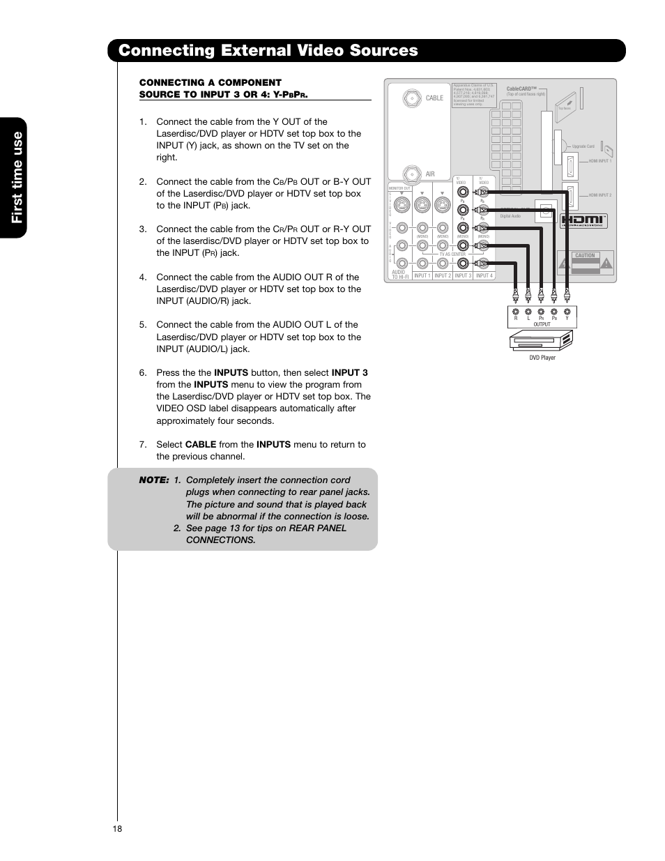 Connecting external video sources, First time use, Connecting a component source to input 3 or 4: y-p | Jack. 3. connect the cable from the c | Hitachi 50VF820 User Manual | Page 18 / 72