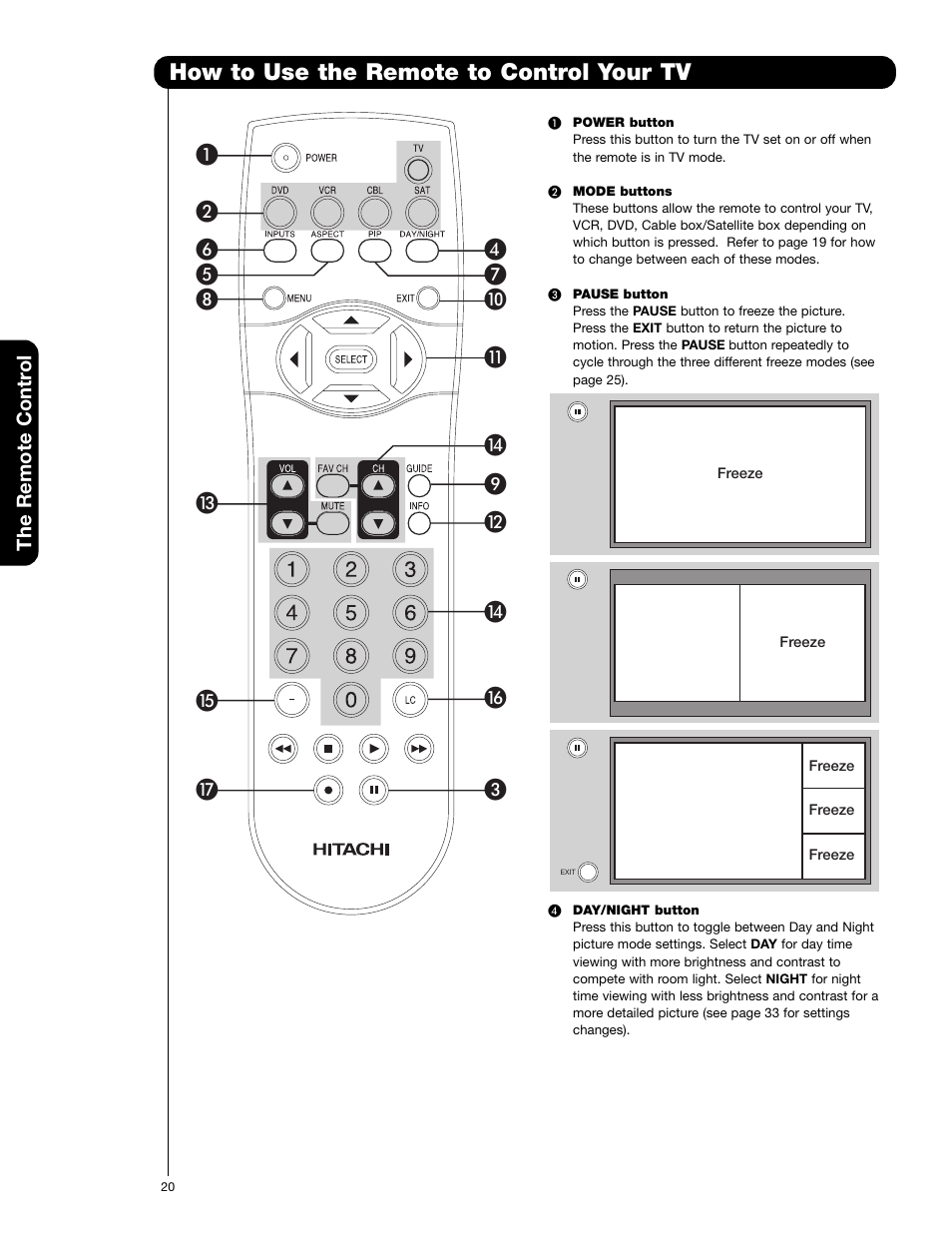 How to use the remote to control your tv | Hitachi 50VF820 User Manual | Page 20 / 72