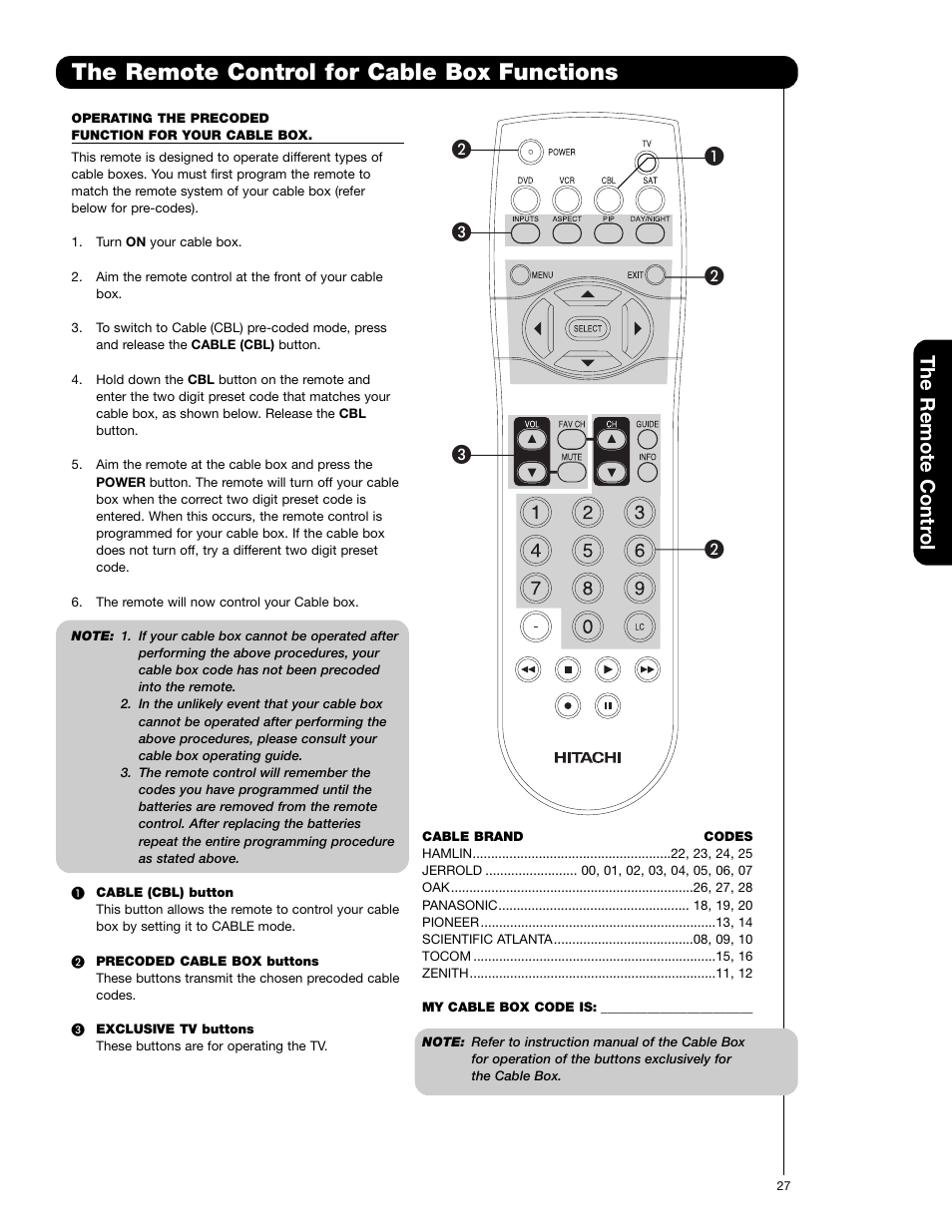 The remote control for cable box functions, The remote contr o l | Hitachi 50VF820 User Manual | Page 27 / 72