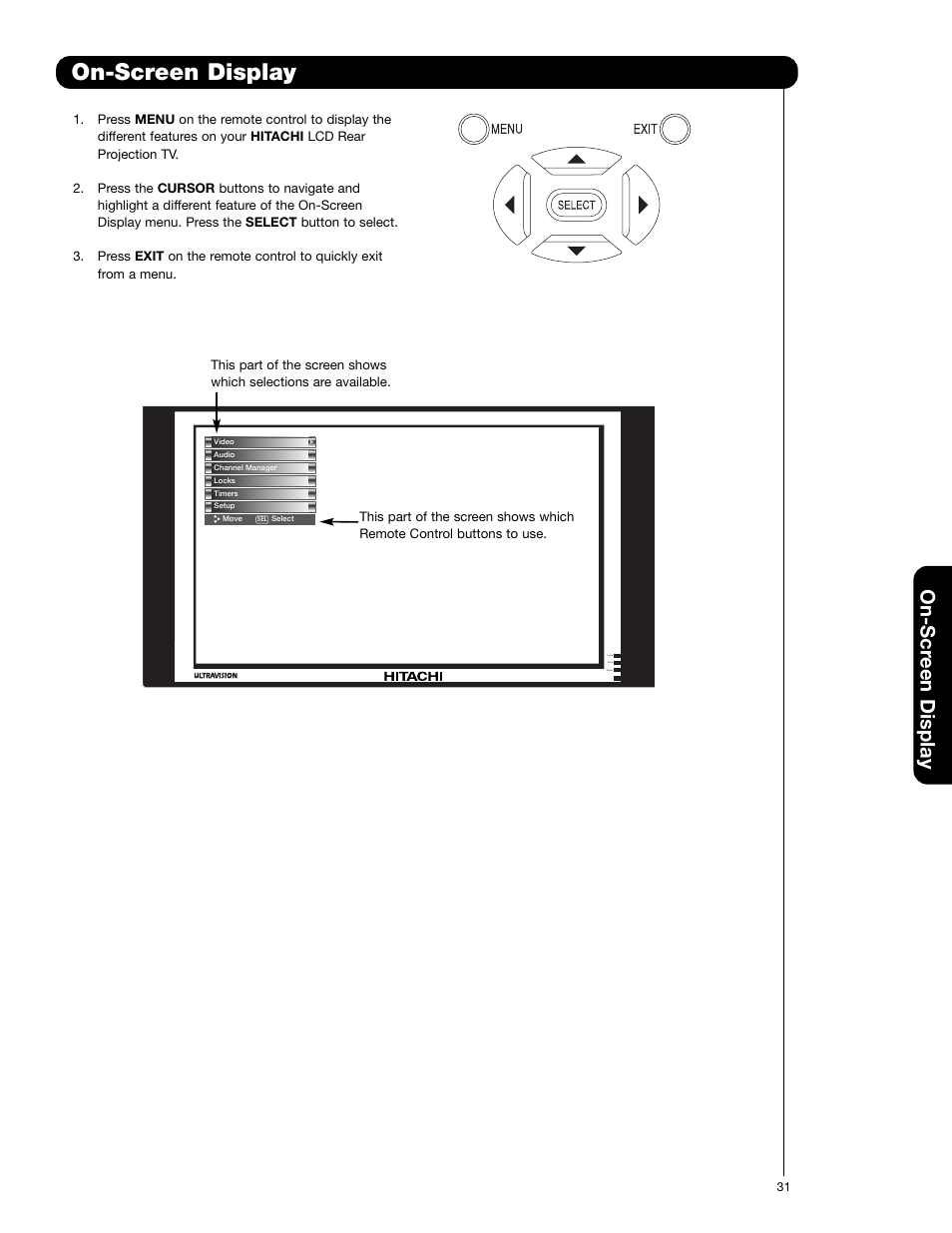 On-screen display, On-scr een display | Hitachi 50VF820 User Manual | Page 31 / 72