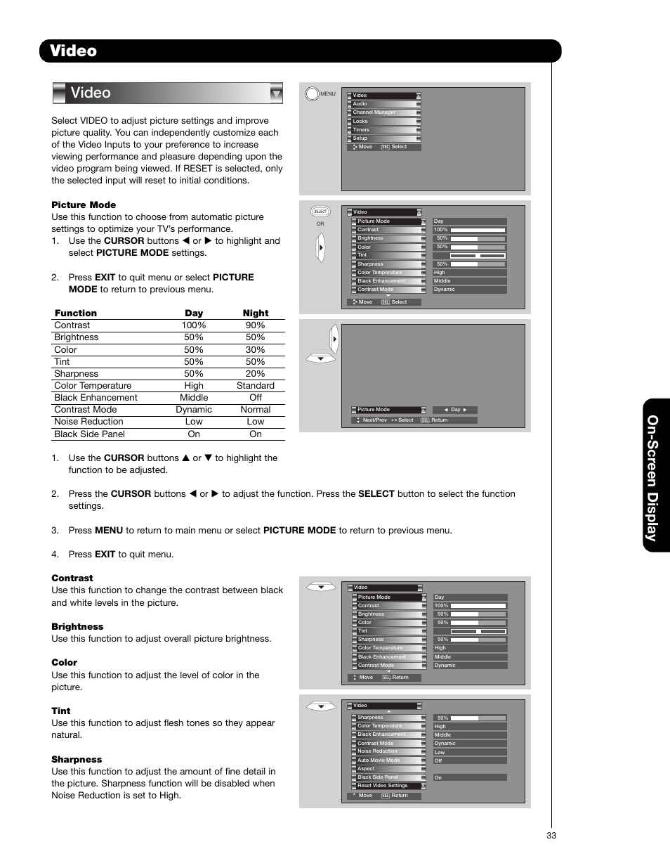 Video, On-scr een display | Hitachi 50VF820 User Manual | Page 33 / 72