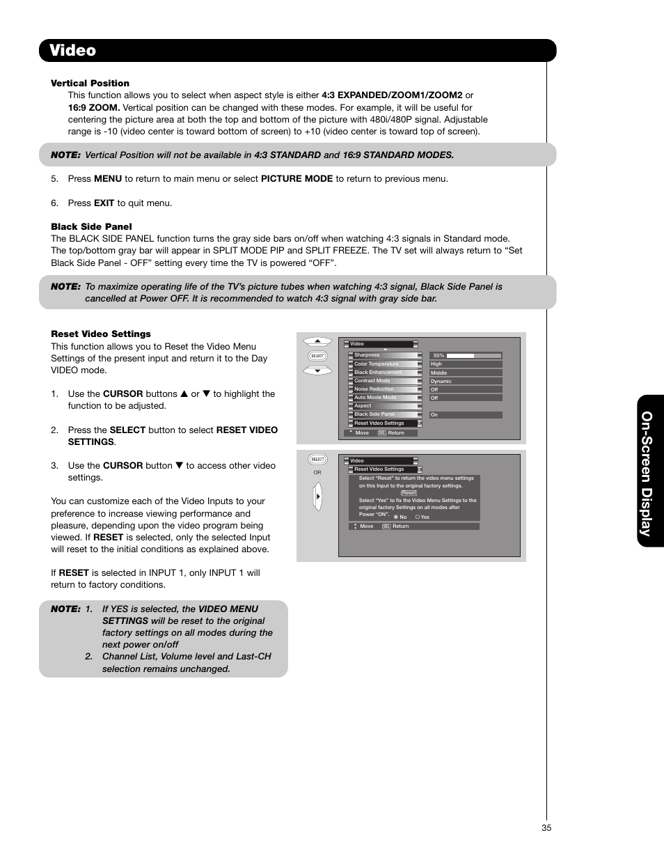 Video, On-scr een display | Hitachi 50VF820 User Manual | Page 35 / 72