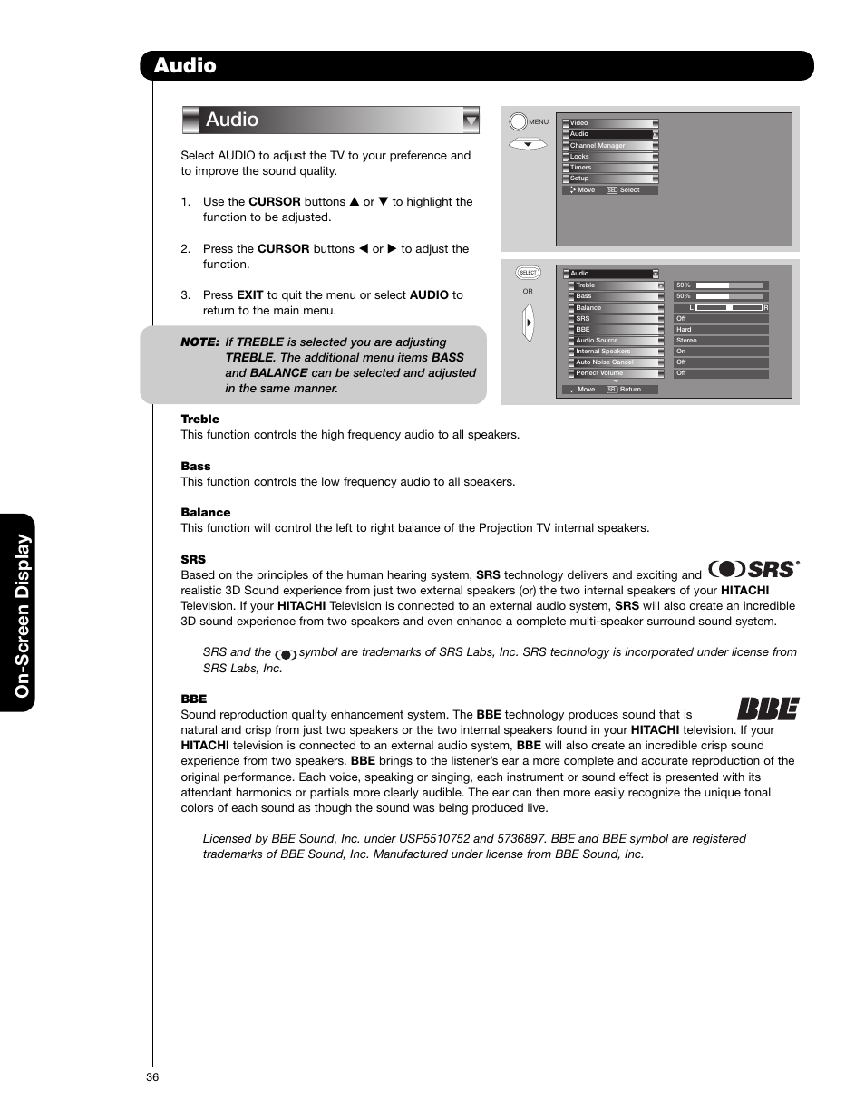 Audio, On-scr een display | Hitachi 50VF820 User Manual | Page 36 / 72