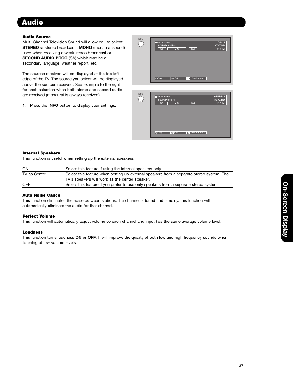 Audio, On-scr een display | Hitachi 50VF820 User Manual | Page 37 / 72